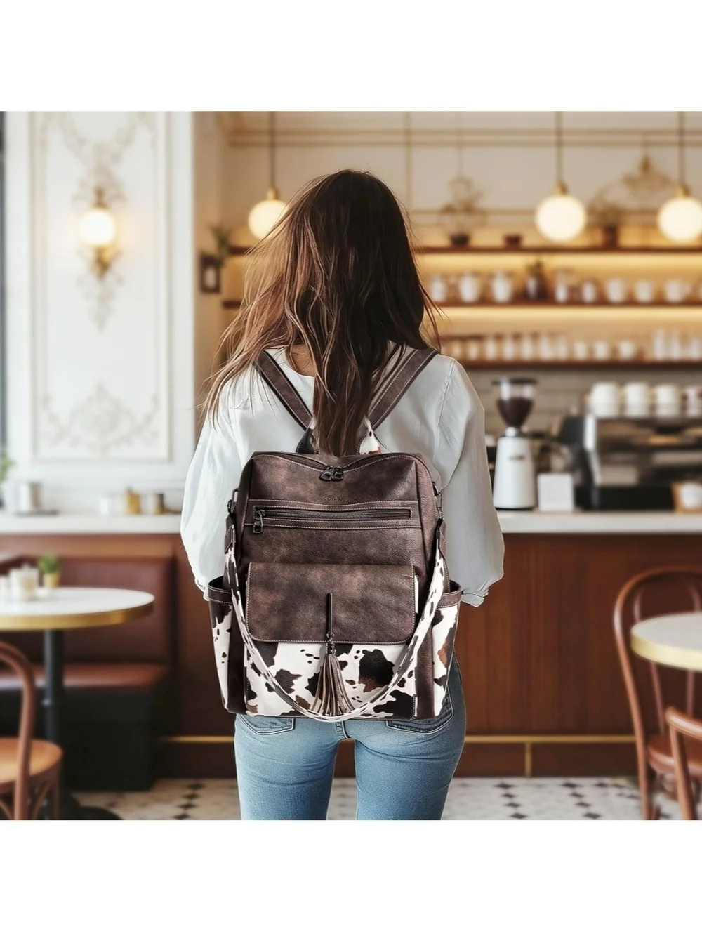 Brown Leather Backpack with Cowhide Print Accent